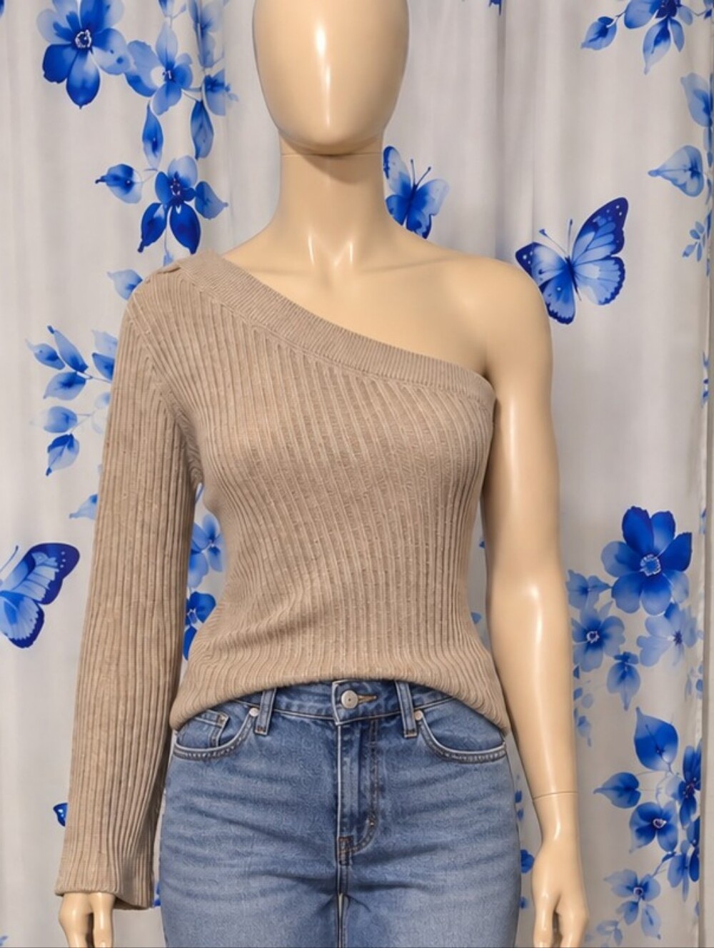 Massimo Dutti Beige One-Shoulder Ribbed Knit Top